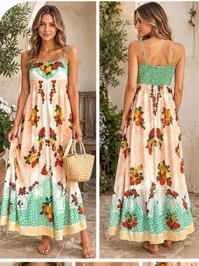 Caroline Constas Linen Blend Spaghetti Strap Fruits Print  53"Long Dress  sz S